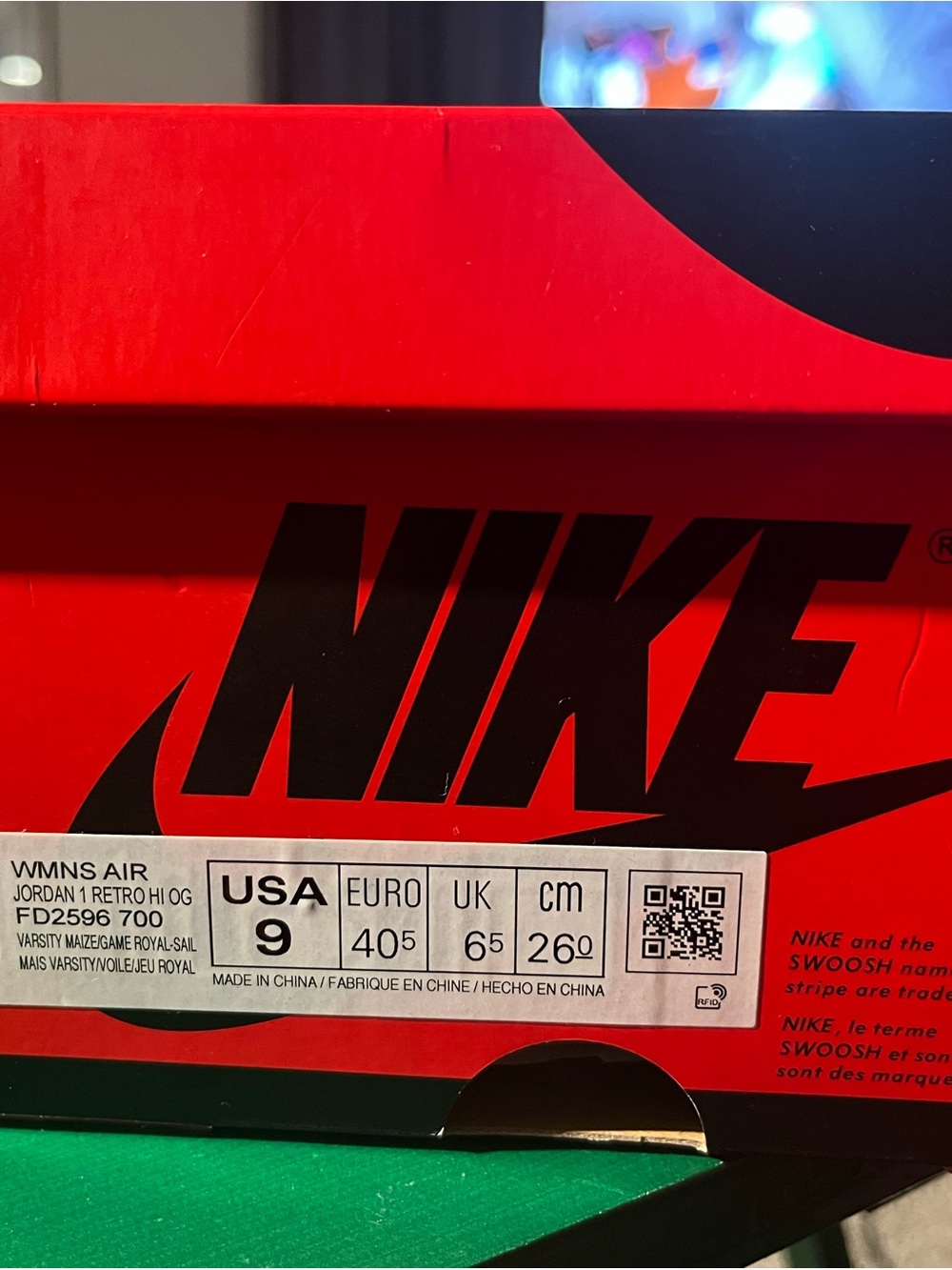 Nike blue and yellow Jordan 1 Retro Shoe
